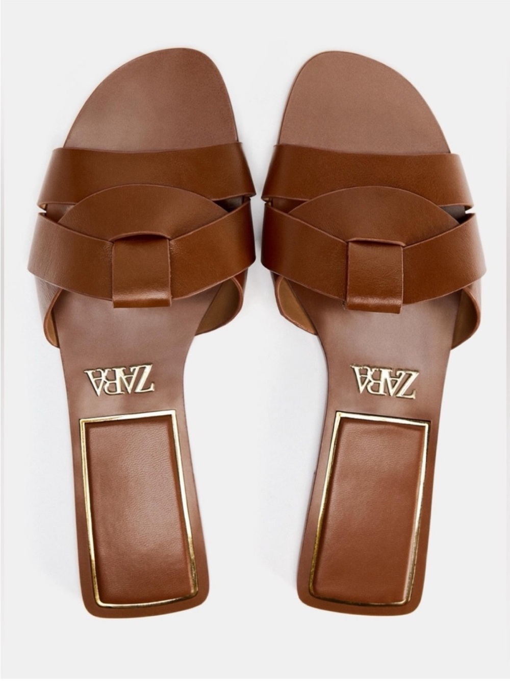 Zara FLAT CROSSED LEATHER SANDALS Brown Slide Sz. 38 - Picture 2 of 11